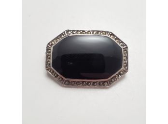 Vintage Sterling Silver Onyx & Marcasite Brooch