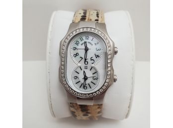 Brand New In Box Phillip Stein Ladies MOP Face Diamond Dial Dual Time Zone Watch Lizzard Band