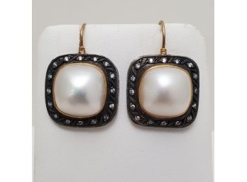 High Fashion Black Oxidized 14k Gold Mabe Pearl & Diamond Earrings