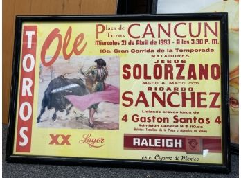 Vintage Bull Fight Toros Plaza Cancun Poster Framed