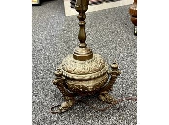 Brass Asian Base Lamp With Floral, Gargoyle And Fish Embossing