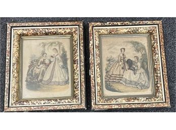 Pair Of 2 Hand Colored Victorian Paris Prints With Splatter Frames