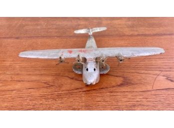 Antique 1930s Tin Toy Airplane Seaplane Pressed Steel Wooden Wheels