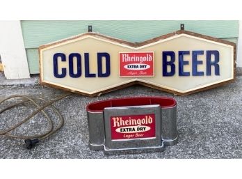 Pair Of Vintage Rheingold Extra Dry Beer Advertising Items Sign And Bar Caddy