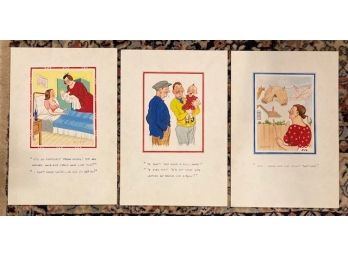 Lot Of Three Donald McGill Humorous Comic Illustration Art Paintings