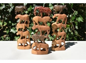 Trio Of Safari Animal Wood Carvings