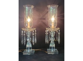 Pair Of Lovely Cut Glass Tall Table Lamps With Hurricane Shades & Hanging Glass Prisms