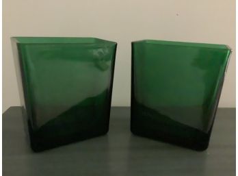 Set Of Two Vintage Napco  #1166 Emerald Green Rectangular Glass Vase