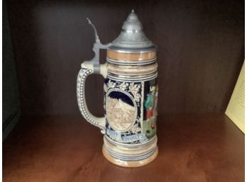 Antique #2734 11.5 Inch German Hunters Joy Glazed Beer Stein And Pewter Lid