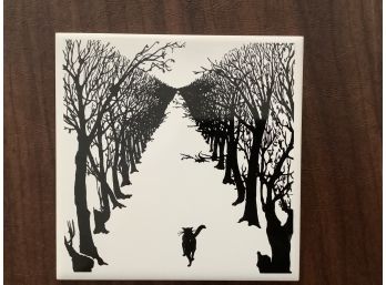 Black And White Vintage 6 Inch Ceramic Hotplate Of Cat Strolling On Treelined Path