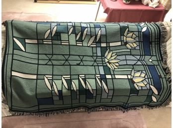 Beautiful Green And Blue Afghan Blanket With A Unique Design And Accented With Multicolored Fringe