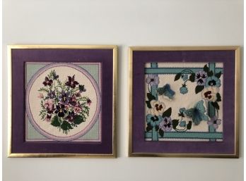 Two Cheerful Floral Framed Needlepoint Pictures With 3D Butterflies