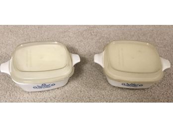 Two Small White With Blue Design Corning Ware Casserole Dishes With Plastic Lids