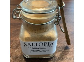 New Cheddar Cheese Infused Sea Salt In Glass Jar With Wooden Spoon