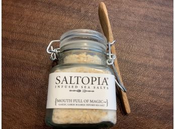 New Garlic Infused Sea Salt In Glass Jar With Wooden Spoon