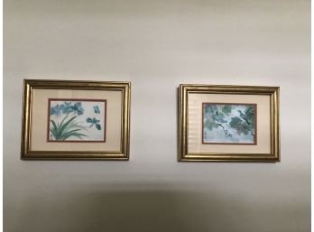 Two Small Floral Prints Matted And Framed In A Gold Leaf Distressed Wood Frame 8 X 6