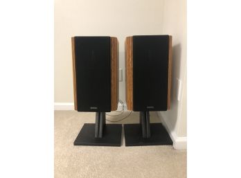 Two Infinity UBL MR Series Speakers On Nice Sturdy Black Stands