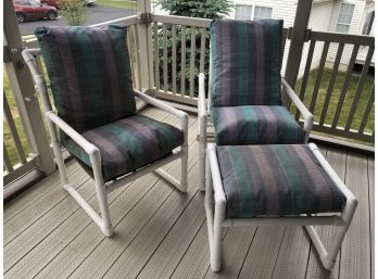 Two Outdoor Patio White PVC Chairs And Ottoman With Multicolored Cushions