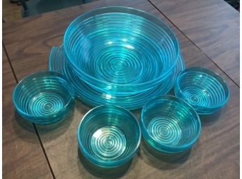 Salad Bowl, Platter, And Four Serving Bowls In Vibrant Blue Plastic