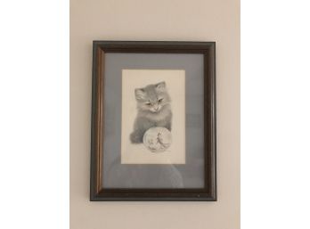 Adorable Cat And Fishbowl Small Matted And Framed Piece Of Artwork