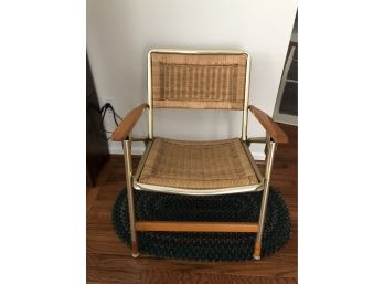 Foldable Natural Ratton Chair With Gold Metal Frame And Wooden Arms