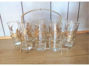 Vintage 8 Gold Flying Geese Drinking Glasses With Gold Caddy