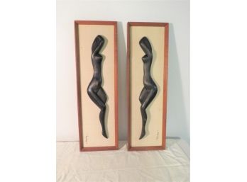 Pair Of Mid-century Wood Carved Nudes Wall Art