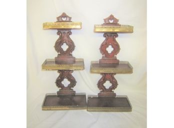 Pair Of Vintage Syroco Wood And Brass Wall Shelves