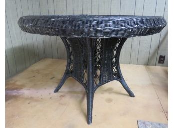 Vintage Round Black Wicker Table With Glass Top