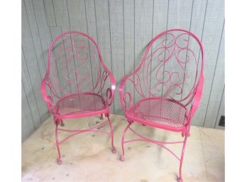 Pair Of Mauve Wrought Iron Ornate Patio Chairs