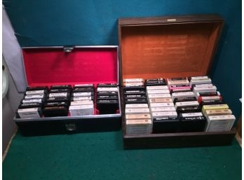 (63) 1970s Classic Rock 8-Track Tapes In Carry Case And Hinged Storage Case. Led Zeppelin, Beatles, Bowie.