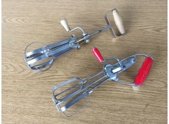 Pair Of Vintage 1950s Stainless Steel Egg Beaters. Mid Century Modern Retro.