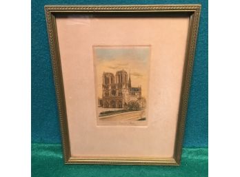 Notre Dame De Paris. Vintage Framed Hand Colored Print.  Medieval Catholic Cathedral  Gothic Architecture.