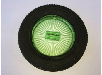 Antique Green Depression Glass Tire Ashtray. Goodrich Silvertown. Green Depression Insert Is Perfect.