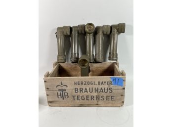 ADVERTISING BOX WITH SIX VINTAGE MILITARY FLASHLIGHTS