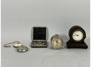 THREE VINTAGE ALARM CLOCKS AND TWO POCKET WATCHES