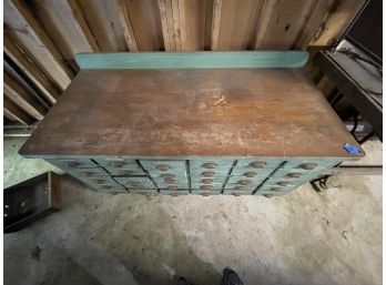 FABULOUS OAK 30 DRAWER WORKSHOP CABINET IN OLD GREEN PAINT