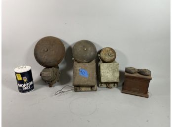 FOUR ANTIQUE BELLS, TWO FACTORY INDUSTRIAL