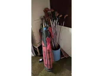 HUGE LOT OF VINTAGE GOLF CLUBS W/ BAGS AND CADDYS