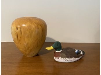 Maple Turned Wood Vase  1994 & Painted Decoy Canada