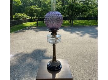 Messengers Patent Oil Lamp  With Brass Base And Amethyst Colored Shade