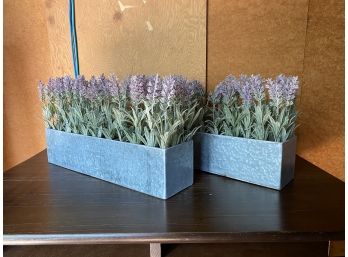 Pair Of Faux Flowers In Galvanized Containers