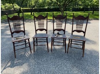 Set Of Four Antique Stick And Ball Leather Upholstered Chairs.