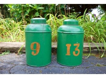 Two Vintage Green Painted Lidded Tin Vessels