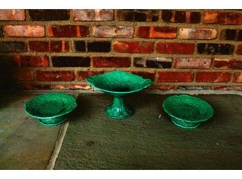 Two Green 'Cabbage' Footed Bowls & A Compote