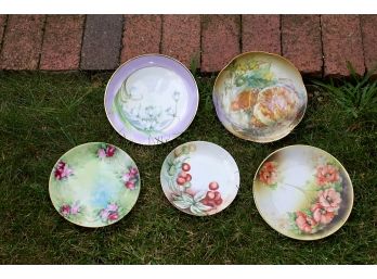 Group Of Five Hand Painted Floral And Fruit Plates