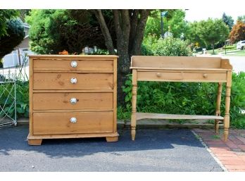 Vintage Pine Dresser With Original Porcelain Pulls & Desk