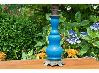 Vintage Opaline Blue Glass Lamp On A Metal Base