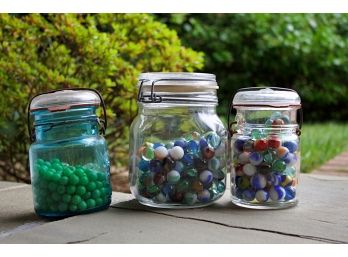 Three Mason Jars Of Vintage Marbles