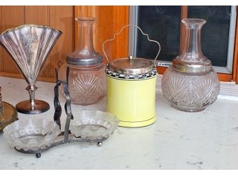 Biscuit Jar, Silver Plate Fan, Lidded Jar And Twin Serving Dishes